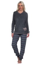 Normann Damen Frottee Pyjama mit Knopfleiste, Faultier, gestreifter Hose, 70274