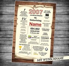 1 Schild Karte Urkunde 2007 18. Geburtstag  18 Jahre Chroniken Geschenk A4 2025