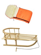 Holzschlitten Rückenlehne & Zugseil + Winterfußsack mit Wolle 90cm Kombi-Set