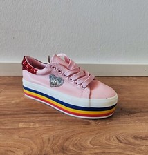 Trendy Damen Sneaker Pleateau Schuhe Glitzer Herz bunte Streifen cool rosa Gr 36