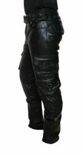 Herren 100% echtes Lammleder schwarz Leder Cargohose gesteppt Freizeithose