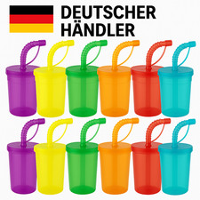 12 Kinderbecher Trinkbecher mit Deckel & Strohhalm Kunststoff Becher Mehrweg