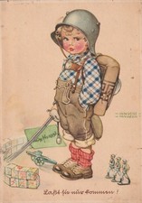 AK GF Feldpost 1914 -  Kindersoldat - Helm, Tornister, Kanone, Zinnsoldaten