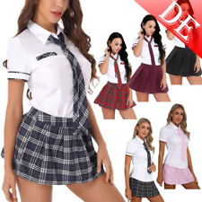 DE Damen Schulmädchen Kostüm Schuluniform Kurzarm Hemd Mit Krawatte + Minirock