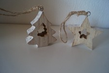 Dekoanhänger - Stern und Tanne - je ca. 7 cm groß - holz-weiß-grau