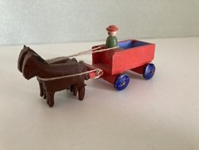 Antikes Holz Pferdegespann mit Hänger Doppelgespann 2 Pferde Miniatur Zugbrett