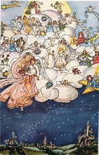 Künstlerkarte - Engel an Weihnachten auf Wolke über Dorf Stern Karte - c1950