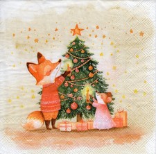 3 Servietten ~ Weihnachten, Fuchs und Maus mit Kerzen beim Weihnachtsbaum ~33x33