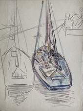 Segelboote im Hafen Mario Barone *1902 Farbzeichnung 