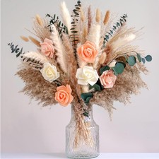 Trockenblumenstrauß Pampasgras Rosen Vase Boho Deko für Wohnzimmer Schlafzimm...