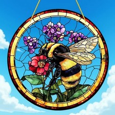 Fenster Deko Hänger Fensterbild Sonnenfänger Buntglas Bild Hummel Biene Blumen