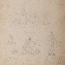 Humor Karikatur polnisch Zeichnungen Bleistift Jagd Hunde Gutshaus 19. Jhd.