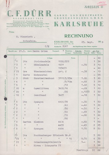 Rechnung dürr kurzwaren - rechnung, garn