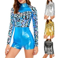 DE Damen Space Girl Kostüm Glänzend Bodysuit Cosplay Outfit Fasching Karneval