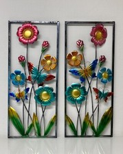 Wanddeko 2er Set Blumen im Rahmen NEU Wandbild aus Metall 60 cm gross
