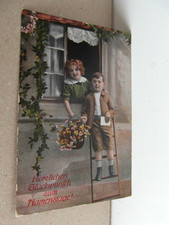 Künst.AK Herz.Glückw.z.Namenstage 2Kinder,Blumenkorb,Leiter,Haus,Fenster gel.18