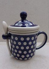 BOLESLAWIEC Bunzlauer Keramik Teetasse mit Sieb,Deckel u. Teelöffel Poland/Polen