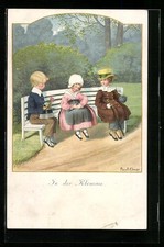 Künstler-AK Pauli Ebner: Zwei Jungen beschenken ein Mädchen mit Blumen, auf ein 