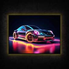 LED Leuchtbild - Auto Porsche Neon Sportwagen - Leuchtendes Wandbild mit Rahmen
