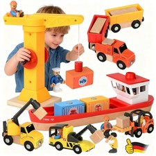 Kran Spielzeug Baustellenfahrzeuge Kinder - Holz Baustelle Spielzeug ab 3 Jahre