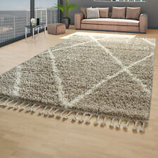 Skandi Teppich Wohnzimmer Beige Creme Hochflor Shaggy Rauten Muster Robust Weich
