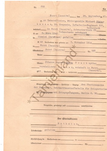 Totenschein von 1942 forst - totenschein,