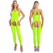 Damen Overall Strumpfhose Dessous Kunstleder Body Wet-Look Strampler Einteiler