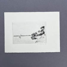 Arno Mohr Radierung 1985 Boot See und Kiefern