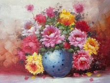 ÖLGEMÄLDE AUF LEINWAND GEMÄLDE BLUMEN STILLLEBEN RAHMEN SIGNIERT