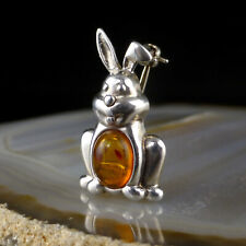 Vintage goldige Bernstein Brosche Hase Schlappohr / Osterhase 925 Silber 2,9g