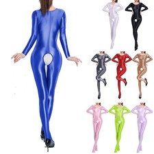 DE Damen Overall Einteilr Bodysuit Glänzend Catsuit Body mit Schrittöffnung