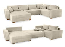 Wohnlandschaft U-Form Sofa Schlaffunktion Couch Bettkasten Cord in Grau Beige