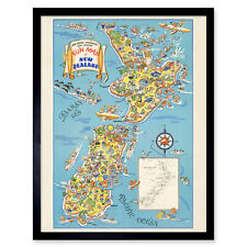 1938 Bildkarte Fun Map Of New Zealand Wandkunstdruck gerahmt 12x16