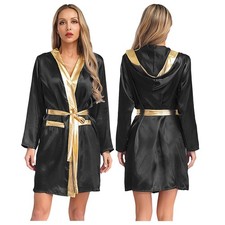 DE Boxmantel Damen Satin Kapuzenmantel Kimono Robe mit Taillengürtel Kostüm 