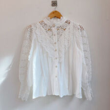 Damen Blumenmuster Stickerei Hohl Out Hemd Bluse Top Lang Puffärmel Geknöpft