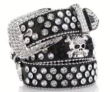 GLAMOURÖSER TOTENKOPF STRASS GÜRTEL 100cm JEANS WESTERSTYLE VEGANES LEDER BLING