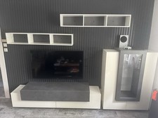 Wohnwand Weiß TV Lowboard Holz, Moderner Wohnzimmerschrank, Anbauwand