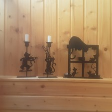 2 Kerzenständer "Katzen" + Teelichthalter " Katze mit Mäusen" schwarz Metall