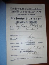 23210 Deutscher Rad Und Motorfahrerverband Concord Bamberg Aufnahms Urkunde 1921