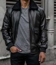 Thursday Herren schwarze Fliegerlederjacke mit durchgehendem Reißverschluss G...