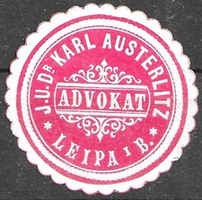 Papiersiegel Böhmisch Leipa JUDr. Karl Austerlitz Advokat Česká Lípa  Vignette