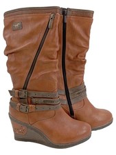 Mustang Damen Stiefel Keilabsatz Schnalle Reißverschluss Braun Gr. 38