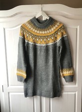 Strickkleid Pullover Pulloverkleid Stiefelkleid Grau Winterkleid Senf Norweger S