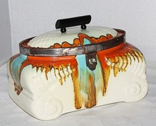 Konfekt Dose Art- Deko, Keramik, Verlaufsglasur, Metallmontierung, Bakelit Griff