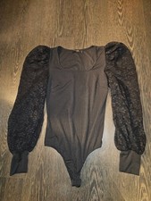 Body Shirt Schwarz M 38/40 Damen Puffärmel Rippoptik Langarm