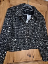 Zara 💞 NEU Pailletten Boucké Blazer Jacke XL 42 silber Glitzer Weihnachten 