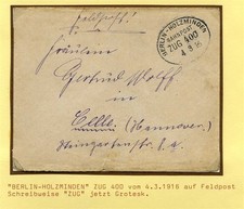 121746) Bahnpost Oval Berlin-Holzminden 1916 auf Feldpostbrief