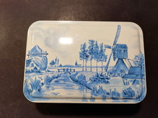 Alte rechteckige Blechdose Mühlenmotiv Delft blau/weiß Patria Amsterdam Holland