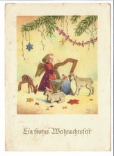 alte DDR AK Postkarte Glückwunsch Weihnachten - Holzfiguren - Engel Reh Krippe