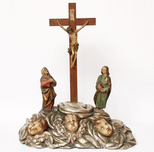 Antike Kreuzigungsgruppe 19. Jh. Unikat Holz Skulptur handgeschnitzt 44 x 38 cm